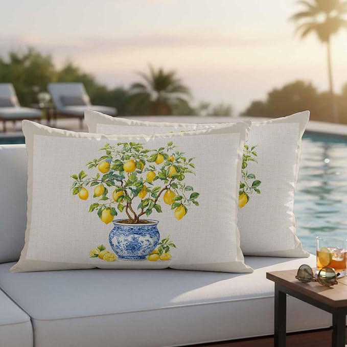 Summer Lemons Outdoor Pillow Covers 20x12 Inch Lumbar Pillow Covers Set of 2 Waterproof Decorative Throw Pillow Cases Brown Beige Farmhouse Botanical Linen Cushion Covers for Patio Furniture Garden