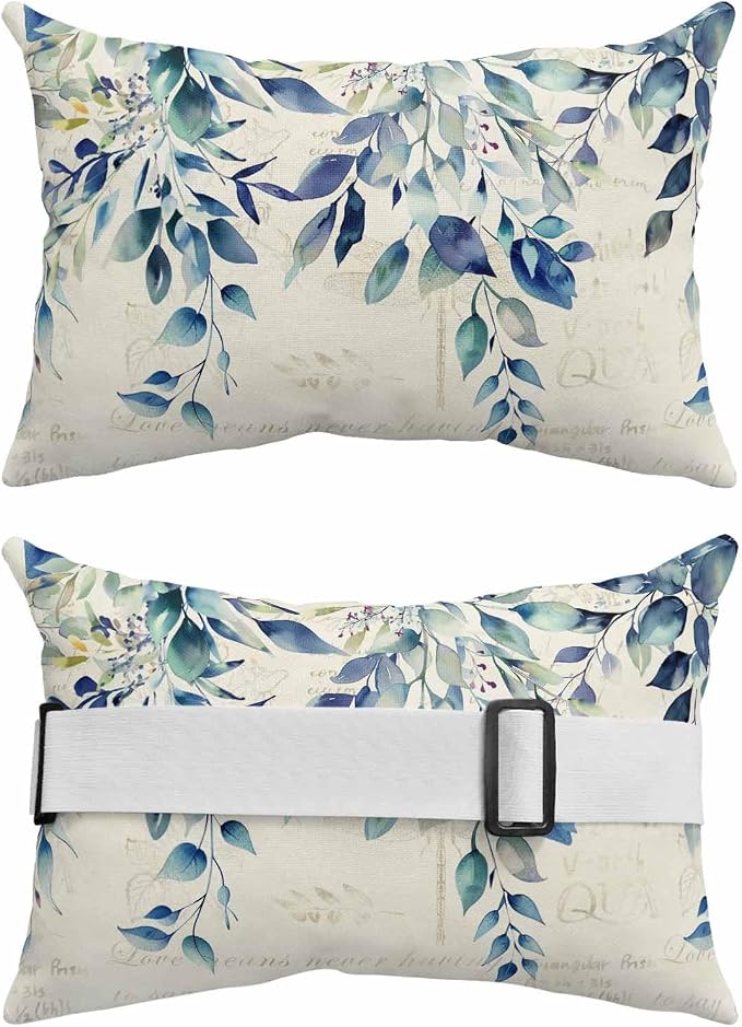 Lumbar Pillow Covers Set of 2, Blue Teal Eucalyptus Leaves Waterproof Outdoor Chaise Lounge Pillow Covers with Elastic Strap, Watercolor Vintage Botanical Headrest Pillowcase for Patio, 12 x 20