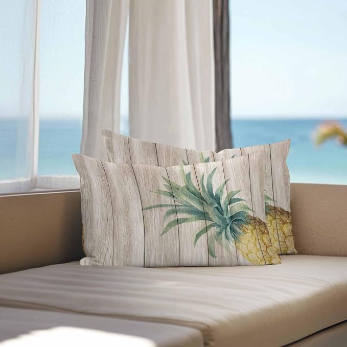 Vandarllin Outdoor Throw Pillows Covers 20x12 inch Set of 2 Waterproof Pineapple Decorative Zippered Cushion Covers for Patio Furniture, Summer Tropical Fruit Wood Lumbar Pillowcases
