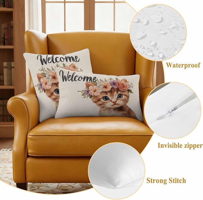Cute Cat Outdoor Waterproof Throw Pillow Covers Set of 2, 20"x20", Garland Welcome Retro Decorative Pillow Covers Outside Cushion Case for Patio Porch Garden