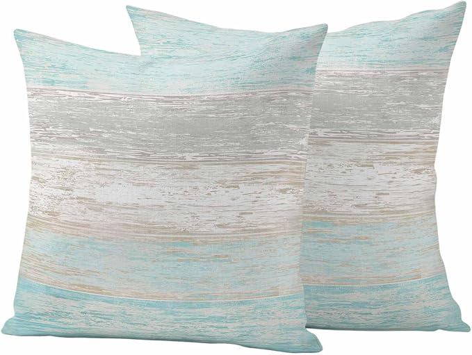 Outdoor Waterproof Throw Pillow Covers, Vintage Teal Grey Decorative Pillow Cases, Farmhouse Barn Wooden Striped Couch Pillow Protector Patio Sofa Cushion Covers Replacement 20"x20" 2 Pack