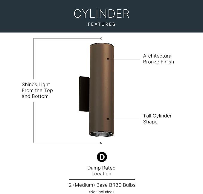 Kichler Cylinders 12" 2-Light Outdoor Cylinder Wall Sconce in Architectural Bronze, (12" H x 4.75" W), 9244AZ
