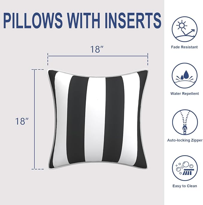 Outdoor Throw Pillows Inners, Fade Resistant Patio Furniture Square Pillows with Piping Set of 2 for Patio Furniture, 18x18 Inch, Cabana Black