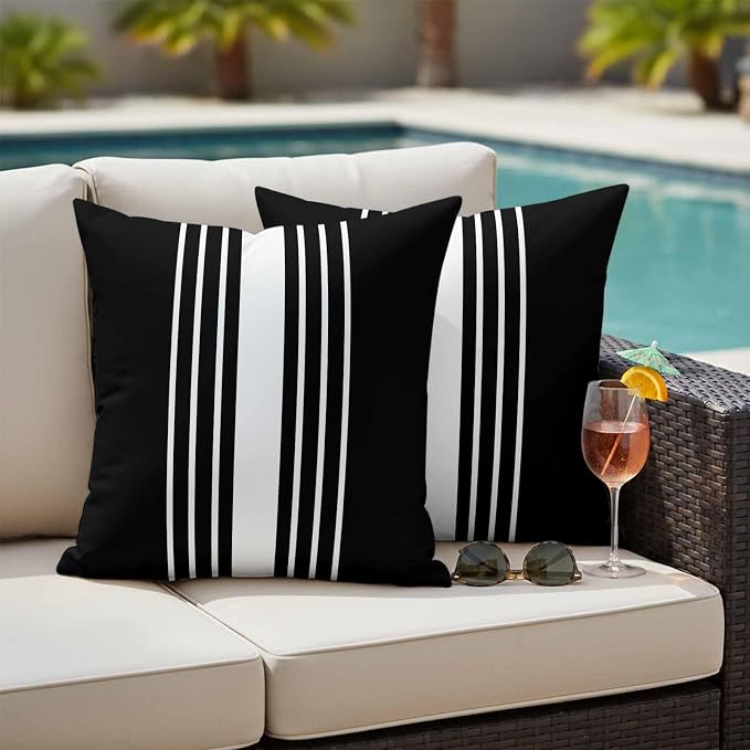 Black White Stripe Outdoor Pillow Covers 20x20 Inch Throw Pillow Covers Set of 2 Waterproof Decorative Pillow Cases Modern Rustic Vertical Striped Cushion Covers for Patio Furniture Garden Couch Sofa