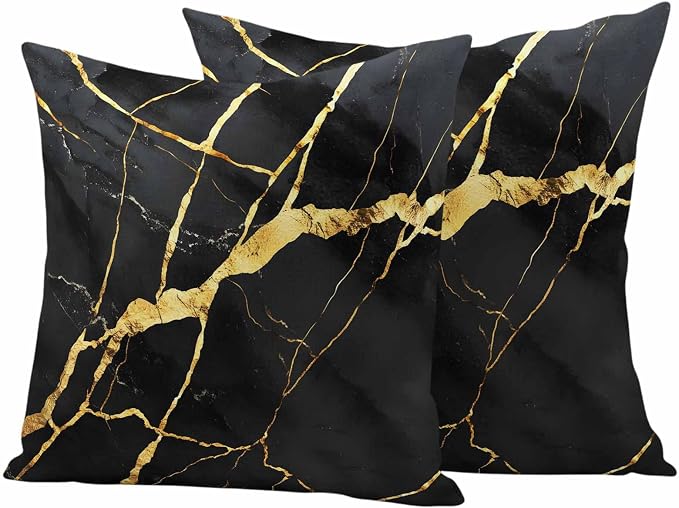 Outdoor Waterproof Pillow Covers 16x16Inch Marble Texture Throw Pillowcases for Patio Garden Couch Sofa Gold Line Black Decorative Cushin Case,Pack of 2