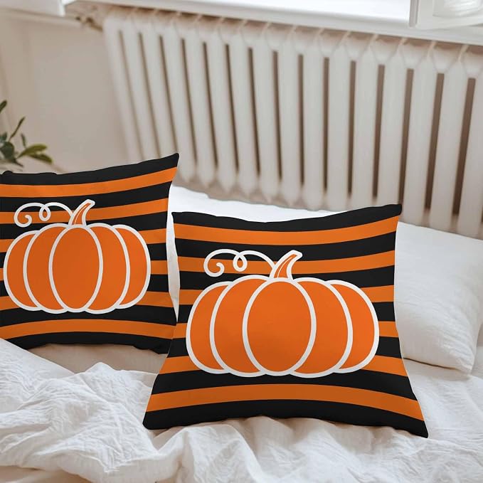 Orange Pumpkins Outdoor Waterproof Pillow Covers, Autumn Black Stripes Farmhouse Decorative Square Throw Pillowcase Sofa Cushion Sham for Patio/Couch/Chair, 20"x20" 2 Pack