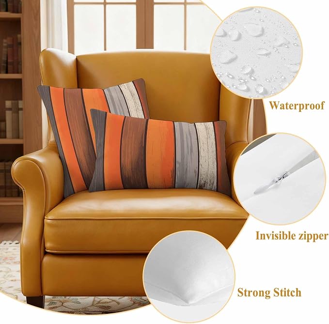 JasmineM Outdoor Pillow Cover 16x16 Inches Set of 2 Orange Brown Gray Striped Waterproof Throw Pillow Covers Retro Wood Grain Decorative Pillowcases Garden Cushion Case for Patio Couch Sofa