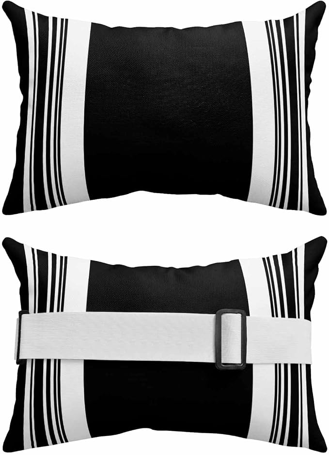 Outdoor Lumbar Pillow Set of 2, Farmhouse Black Waterproof Beach Headrest Pillow with Inserts, Aesthetic Modern Line Striped Recliner Throw Pillows for Patio Furniture, 11 x 16