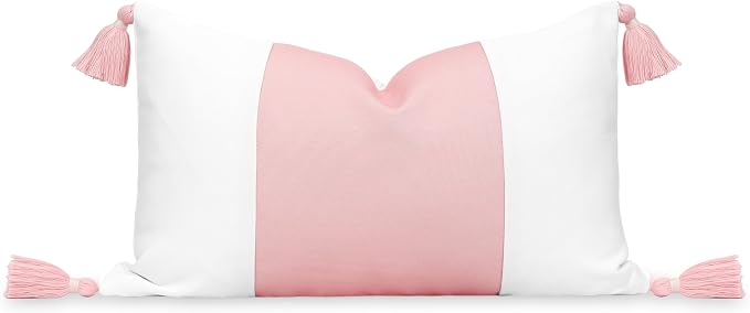 Hofdeco Premium Coastal Patio Indoor Outdoor Lumbar Pillow Cover Only, 12"x20" Water Repellent for Backyard, Couch, Blush Pink Color Block with Tassels