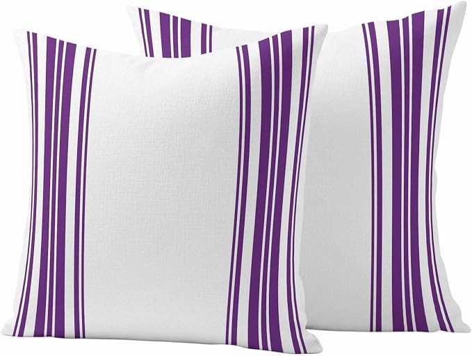 Outdoor Waterproof Throw Pillow Covers Set of 2 Purple Stripes Pillowcases 24x24 Inches White Vertical Striped Decorative Pillows Cushion Case Patio Pillows for Couch Bed Chair Garden