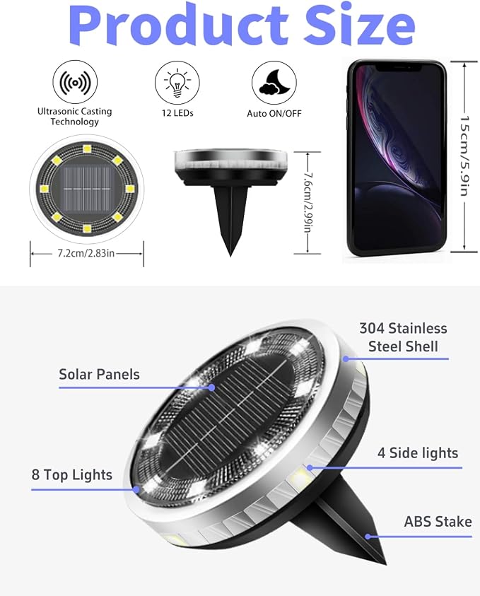 SenLuKit Solar Ground Lights Outdoor 18 Pack Waterproof, Upgraded Solar Garden Lights with 4 Side Light, Stainless Steel Solar Powered Disc Landscape Light for Walkway Lawn Yard Patio Deck-Cool White
