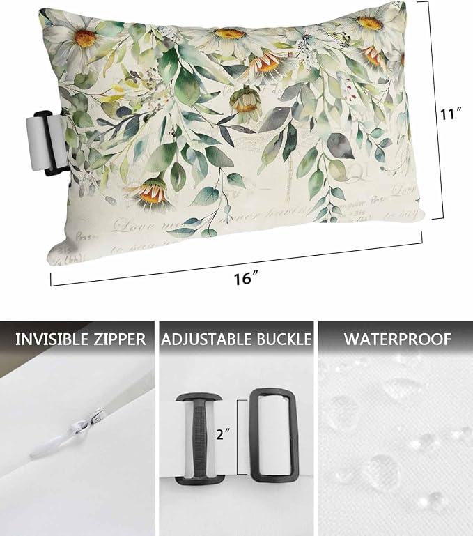 Lumbar Pillow Covers Set of 4, White Daisy Waterproof Outdoor Chaise Lounge Pillow Covers with Elastic Strap, Spring Floral Eucalyptus Leaves Summer Botanical Headrest Pillowcase for Patio, 11 x 16
