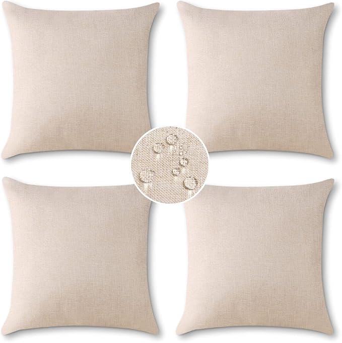 OTOSTAR Set of 4 Outdoor Waterproof Throw Pillow Covers Garden Decorative Pillow Cases Outdoor Pillow Covers Patio Square Cushion Case Pillows for Couch Tent Sofa Balcony Home Decor 18x18 Inch (Beige)