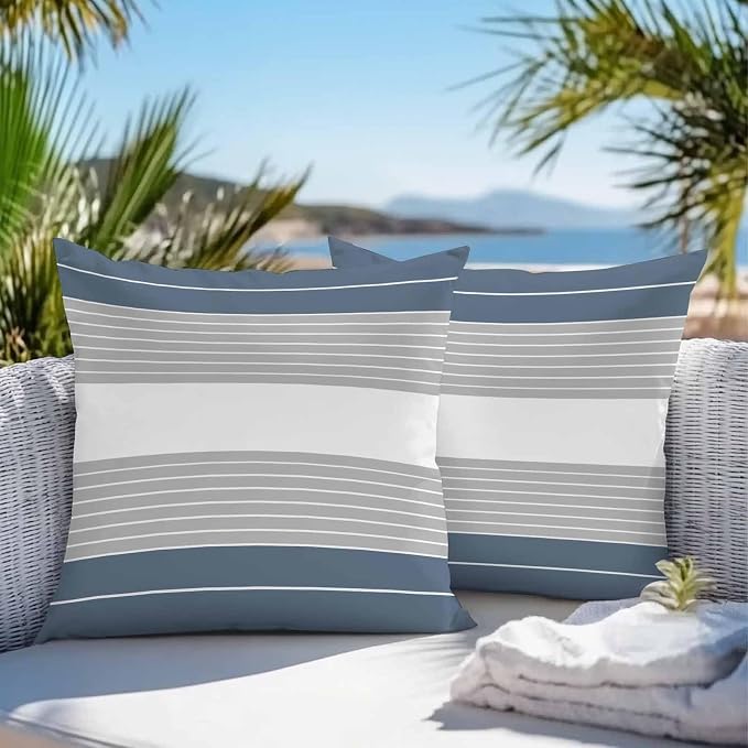 Haze Blue Grey Stripe Outdoor Pillow Covers Waterproof, All Weather Cushion Case Set of 2, Modern Art Horizontal Striped Decorative Pillowcases for Sofa Couch Bed Decor Patio Furniture 18"x18"