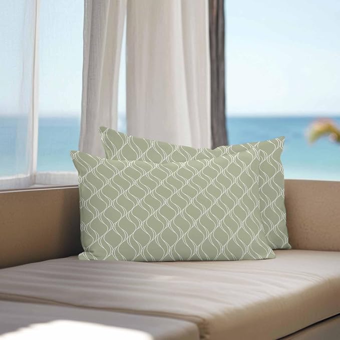 YOKOU Boho Sage Green Pillow Covers, Farmhouse Decoration Geometric Waterproof Outdoor Pillowcases Cushion Covers Cases for Patio Couch Bench, Pack of 2 Rectangle, 20"X12"