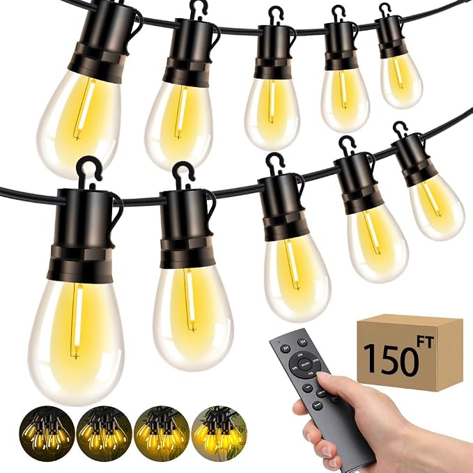 Outdoor Patio String Lights: S14 Shatterproof Bulb Outside Waterproof Light - 150FT 45M Remote Dimmable Connectable Hanging Outdoor Electric Lighting - Garden Backyard Yard Gazebo Porch Party