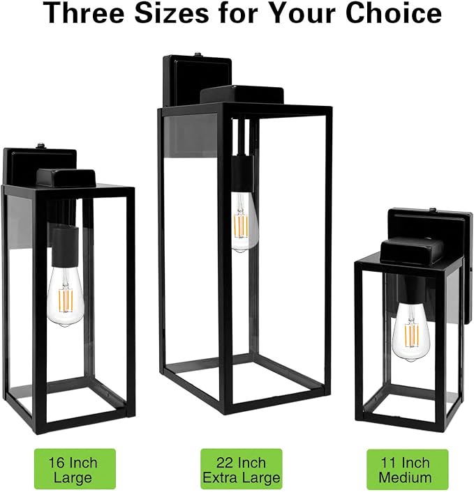 hykolity 16 Inch Dusk to Dawn Black Waterproof Outdoor Wall Light for Patio | Large Size Exterior Lantern with Glass Shade, Anti-Rust Outdoor Light Fixture Wall Mount for House, Patio, Garage, Backyard