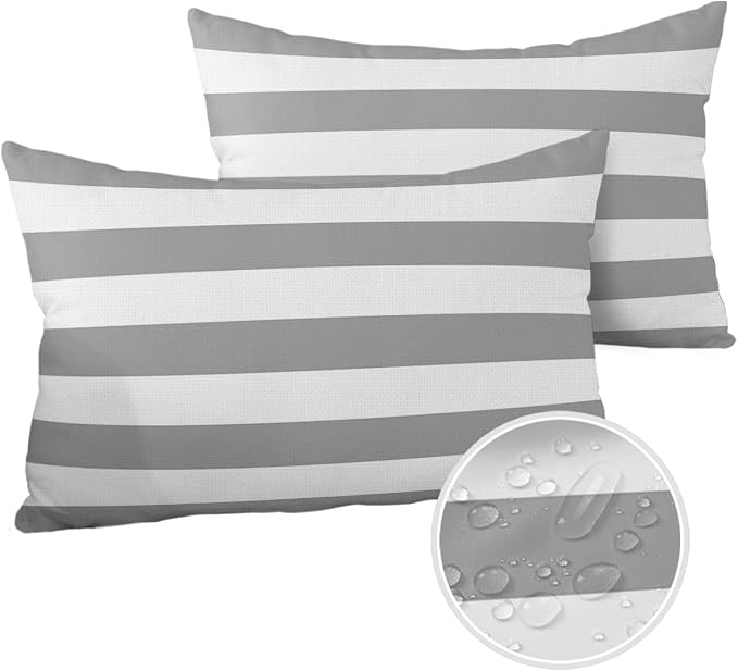 Outdoor Pillows 20x12 Waterproof Outdoor Pillow Covers Gray White Stripes Polyester Throw Pillow Covers Garden Cushion Decorative Case for Patio Couch Decoration Set of 2 Geometric
