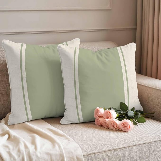 Abstract Gray Green Color Block Outdoor Pillow Covers Set of 2 Vintage Lines Linen Texture Waterproof Throw Pillow Cover Decorative Cushion Cases for Patio Porch Garden 26X26 Inch