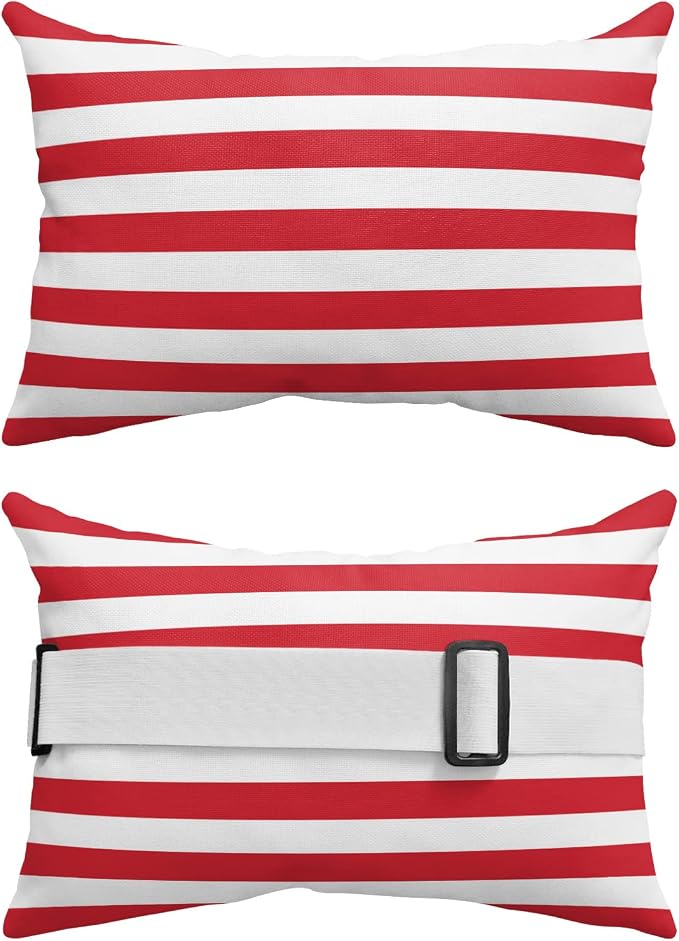 Red and White Striped Outdoor Pillows with Insert Red White Geometric Waterproof Patio Pillows with Adjustable Strap Decorative Head Recliner Lounger Chair Throw for Patio Furnitures, 1 Pack