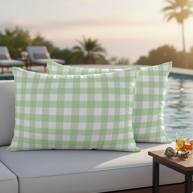 Mint Green Checks Outdoor Pillow Covers 20"x12" Set of 2, Gingham Plaid Abstract Modern Minimalist Waterproof Throw Pillow Covers for Patio Furniture, Decorative Cushion Covers for Porch