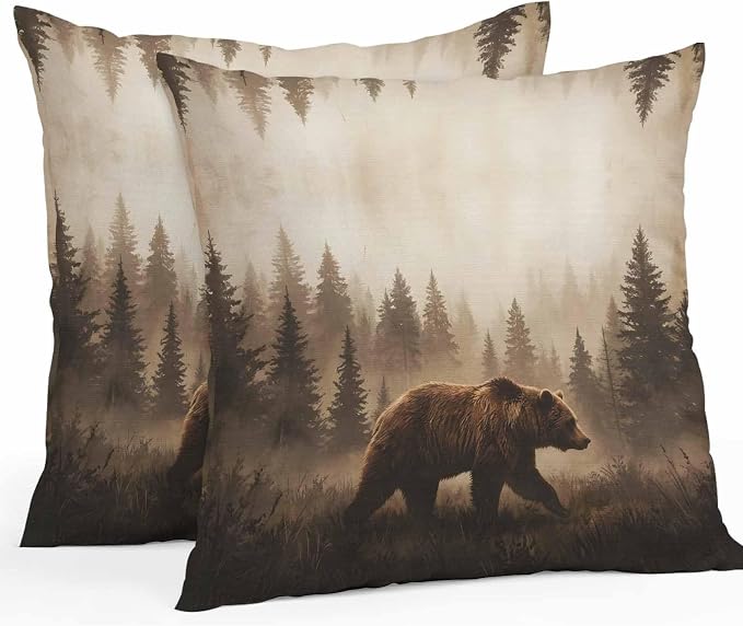 Yukro Nature Landscape Outdoor Waterproof Pillow Covers Pack of 2, Rustic Brown Bear Misty Forest Pine Tree Throw Pillowcases Decorative Cushion Covers for Garden Patio Tent Sofa Couch, 16x16 inch