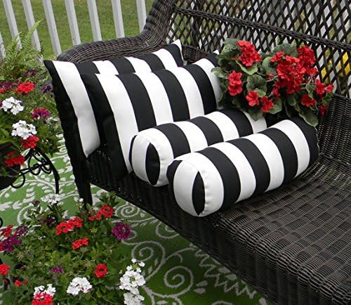 Neck Roll and Lumbar Pillows 4 Set Indoor Outdoor for Patio, Porch, Beachhouse Decor, Lounge Chair, UV and Fade-Resistant, Black White Stripe, 20x6 and 20x12 Inches, Made in USA