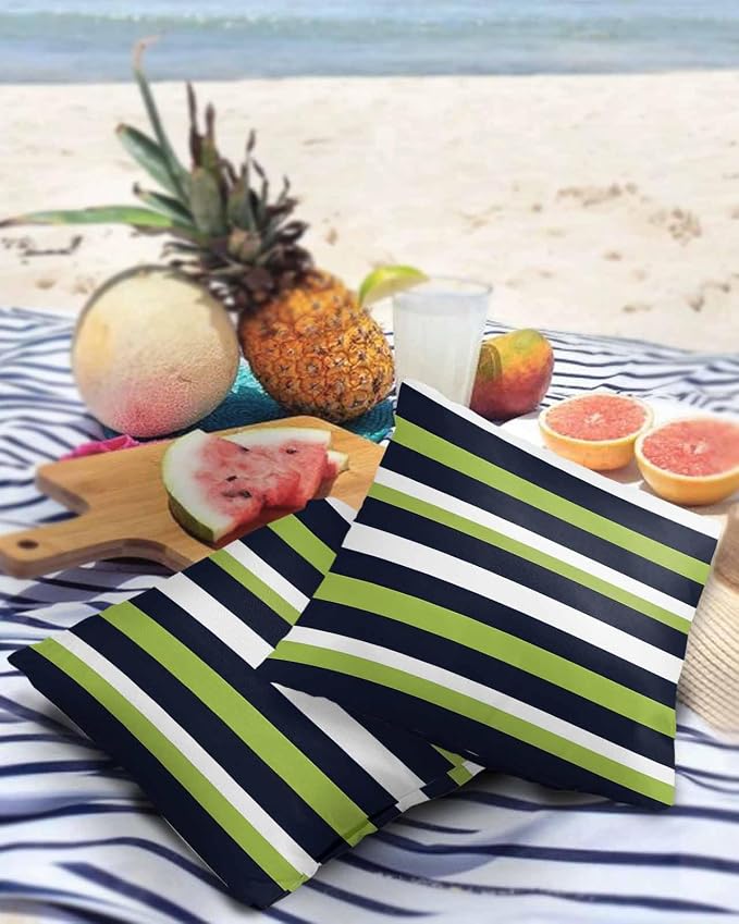 Pack of 2 Blue Green White Stripes Outdoor Pillow Waterproof Covers 20x20 inch, Classic Geometric Polyester Throw Pillow Covers Garden Cushion Decorative Case for Patio Couch Decoration
