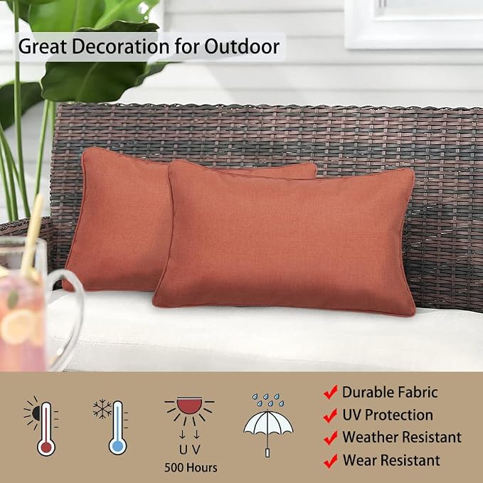 Magpie Fabrics Pack of 2 Outdoor Waterproof Lumbar Rectangular Throw Pillow with Insert 12x20 Inch, Home Decorative Toss Cushion for Patio Garden Car Office (Coral Orange Red)
