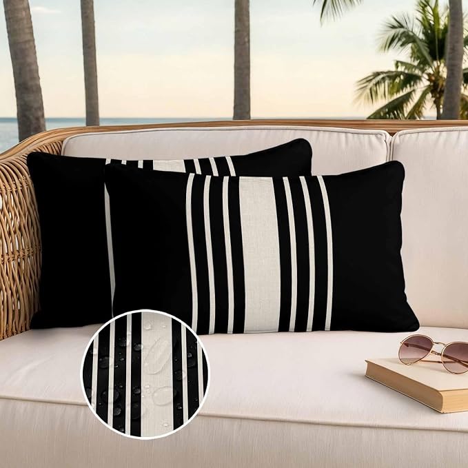 Lumbar Pillow Covers 20x12 Inch Set of 2, Black Beige Striped Waterproof Outdoor Cushion Covers, Modern Farmhouse Retro Lines Decorative Pillowcases for Couch, Sofa, Bed, Garden, Patio