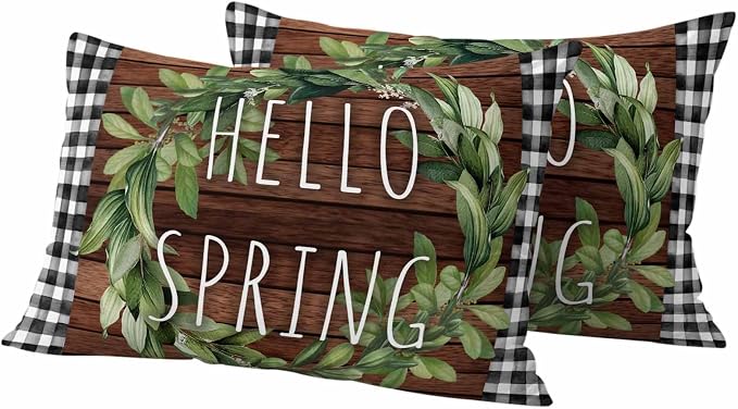 Hello Spring Outdoor Pillow Covers Pack of 2 Green Leaf Plant Black Plaid Brown Wood Grain Waterproof Throw Pillow Covers Decorative Cushion Cases for Patio Garden Tent Balcony Couch 20x12 inch