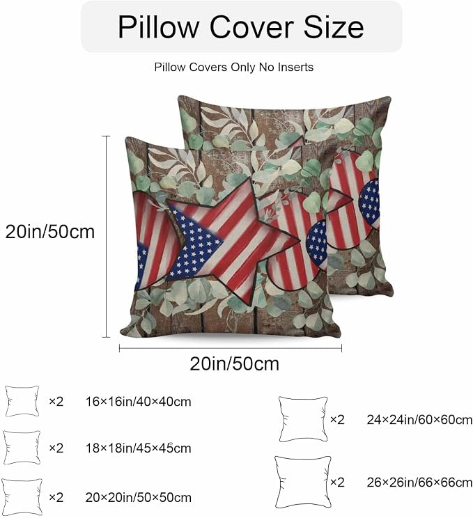 4th of July Waterproof Outdoor Pillow Covers Set of 2 Home Decor, Vintage Eucalyptus Leaf Stars Stripes Flag Pillowcase Patio Pillow Covers for Couch Bench Furniture Garden 20x20in