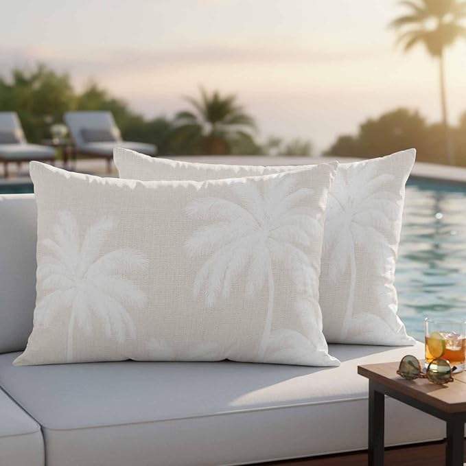 Lumbar Pillow Covers 20x12 Inch Set of 2, Cream Palm Trees Waterproof Outdoor Pillow Covers, Farmhouse Tropical Summer Beach Decorative Cushion Pillowcases for Couch, Sofa, Bed, Garden, Patio