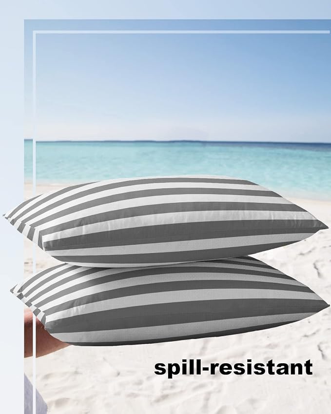Lumbar Throw Pillow Covers 12x20 Outdoor Waterproof Pillow Covers for Patio Furniture Grey White Stripes Decorative Throw Pillow Cover Striped Pillowcases Set of 2 Cushion Case for Sofa Couch Chair