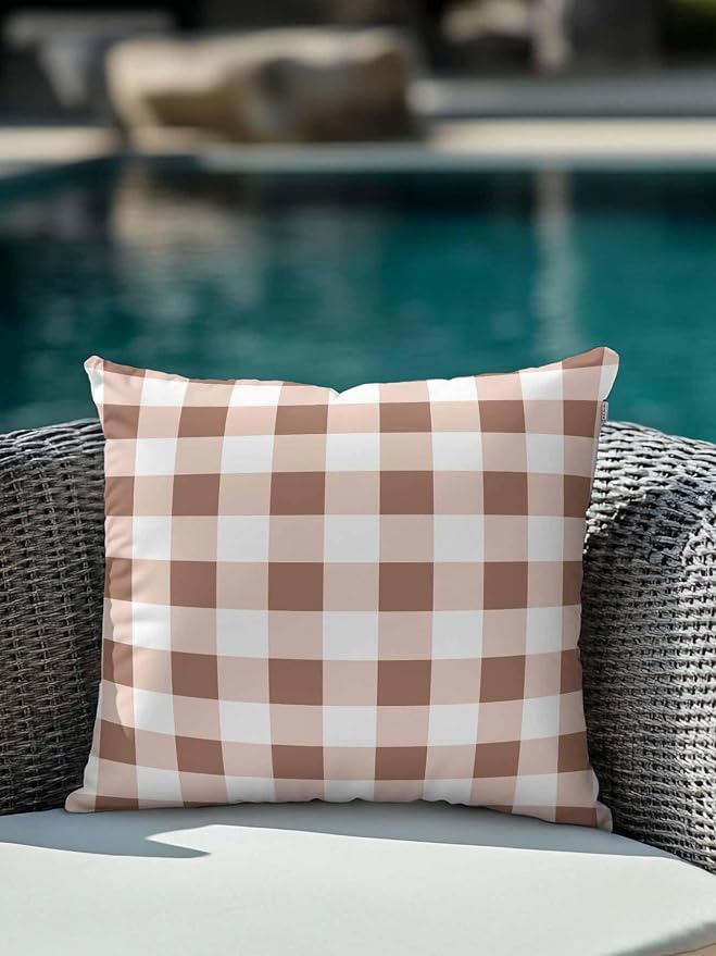 Waterproof Outdoor Pillow 1 Pack Brown Buffalo Plaid Decorative Throw Pillows Cover & Insert 16x16 Inch Pillowcase Check Lines Square Pillows for Couch Sofa Bed Patio Furniture Indoor Outdoor