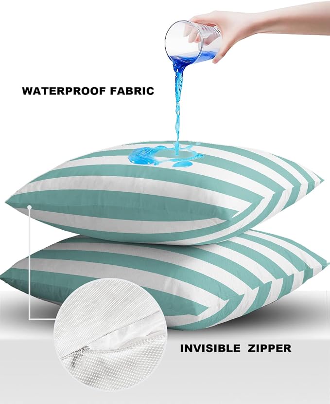 Outdoor Pillows 26x26 Waterproof Outdoor Pillow Covers Teal White Stripes Polyester Throw Pillow Covers Garden Cushion Decorative Case for Patio Couch Decoration Set of 2 Geometric