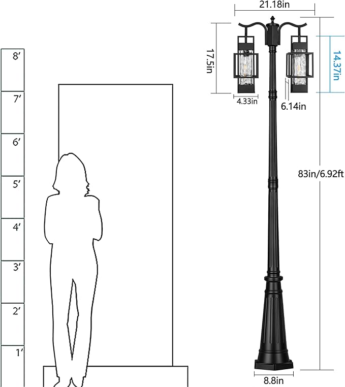 Modern Outdoor Lamp Post Light 2-Head, Hardwired Street Light Post for Outside Metal Pole Light Outdoor Lighting with Water Glass Shade for Garden Patio Backyard Walkway Driveway