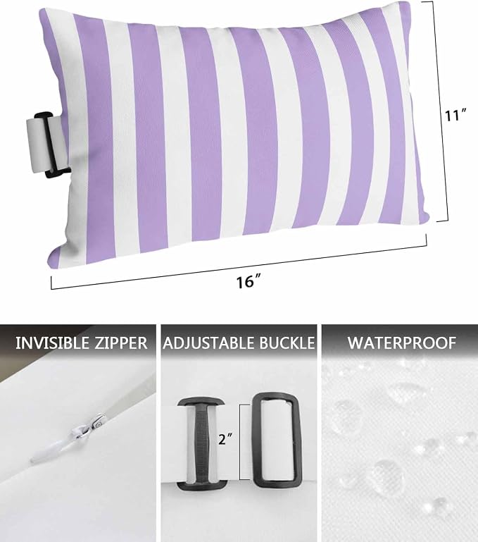 DecorLovee Purple Striped Outdoor Recliner Pillows for Head, Farmhouse Waterproof Chair Pillow with Elastic Stripe, Purple White Stripes Chaise Lounge Headrest Pillow for Patio/Pool 2Pack, 11"x16"