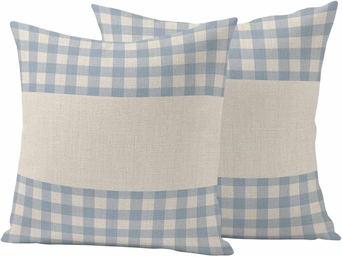 Retro Blue Outdoor Waterproof Pillow Covers, Farmhouse Buffalo Plaid Vintage Beige Decorative Square Throw Pillowcase Sofa Cushion Sham for Patio/Couch/Chair, 26"x26" 2 Pack