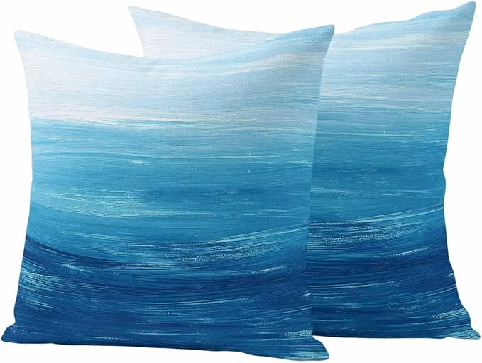 Outdoor Waterproof Throw Pillow Covers, Sky Blue Coastal Decorative Pillow Cases, Nautical Modern Ocean Wave Couch Pillow Protector Patio Sofa Cushion Covers Replacement 26"x26" 2 Pack