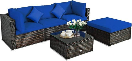 HAPPYGRILL 5 Pieces Patio Conversation Set, Outdoor Rattan Wicker Furniture Set, Sectional Sofa Ottoman Set with Coffee Table, Cushion, Pillow for Garden Lawn Balcony Backyard
