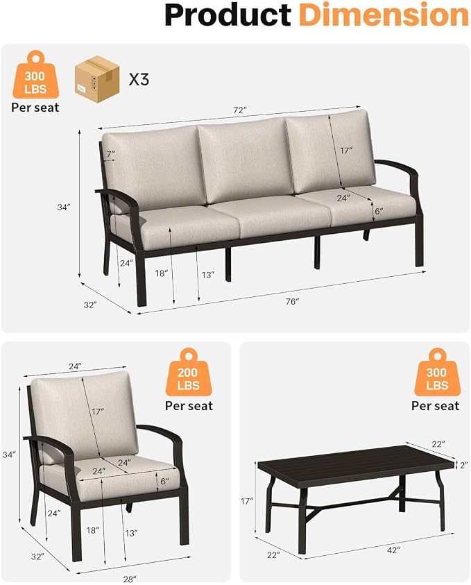 4-Piece Patio Sofa Set, Never-Rust Aluminum Patio Conversation Set with Coffee Table, Patio Furniture Set Outdoor Sofa Set with Removable Cushions for Backyard, Porch, Poolside, Dark Bronze