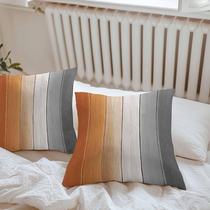 Throw Pillow Covers 18x18 Inch Set of 2, Burnt Orange Gray Ombre Waterproof Outdoor Cushion Covers, Vintage Farmhouse Wooden Decorative Pillowcases for Couch, Sofa, Bed, Garden, Patio