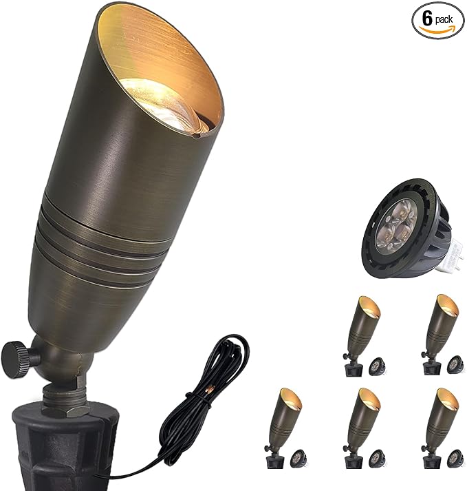 COLOER Brass Landscape Spotlights, 6 Pack Landscape Light Fixture with 5W Aluminum Housing MR16 LED Bulb 2700K 450LM,12V AC/DC Low Voltage Outdoor Spot Lighting,Uplight for Garden and Patio(102B)