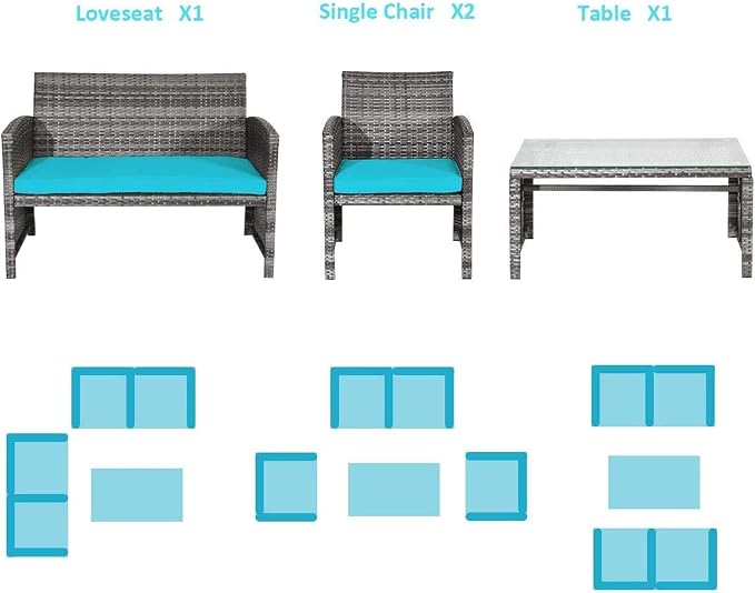HAPPYGRILL 4 Pieces Patio Conversation Set with Soft Cushions Rattan Furniture Set with PE Wicker Coffee Table & Sofa Chairs for Garden Poolside Porch Backyard