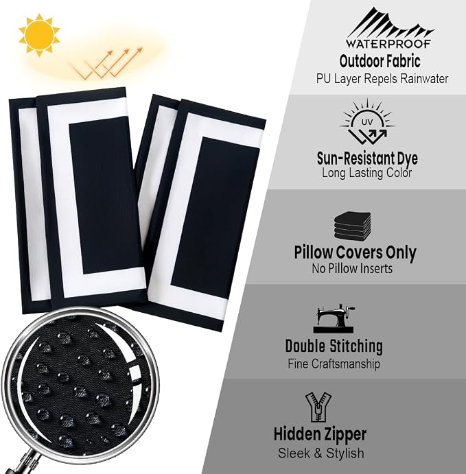 JOJOGOGO Black Outdoor Pillow Covers Waterproof 16x16 Set of 2 Black and White Square Decorative Outdoor Throw Pillows for Porch Garden and Patio Furniture