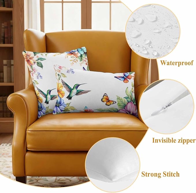 Spring Flowers Bird Outdoor Waterproof Throw Pillow Covers Set of 2, 20"x12", Hummingbird Butterfly Rustic Decorative Pillow Covers Outside Cushion Case for Patio Porch Garden