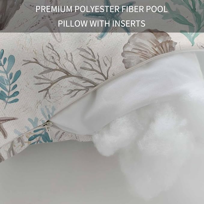 Teal Coastal Outdoor Pillows with Insert 11x16 Inch Summer Starfish Shell Coral Nautical Retro Waterproof Headrest Pillows with Adjustable Strap Lounger Chair Throw for Patio Furnitures , 2 Pack
