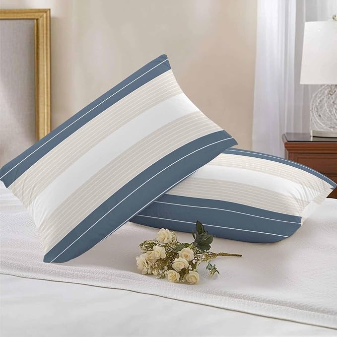 Haze Blue Beige Stripe Outdoor Pillow Covers Waterproof, All Weather Cushion Case Set of 2, Modern Art Horizontal Striped Lumbar Pillowcase for Sofa Couch Bed Decor Patio Furniture 20"x12"