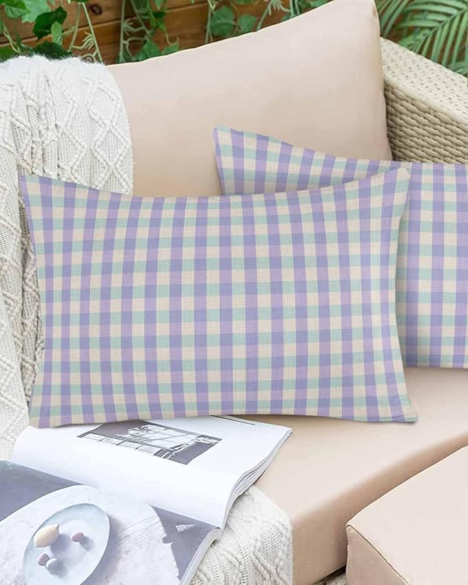 Outdoor Waterproof Throw Pillow Covers Set of 2 Purple Buffalo Plaid Lumbar Pillowcases 20x12 Inches Linen Classic Checked Patio Decorative Pillows Cushion Case Patio Pillows for Couch Bed Garden